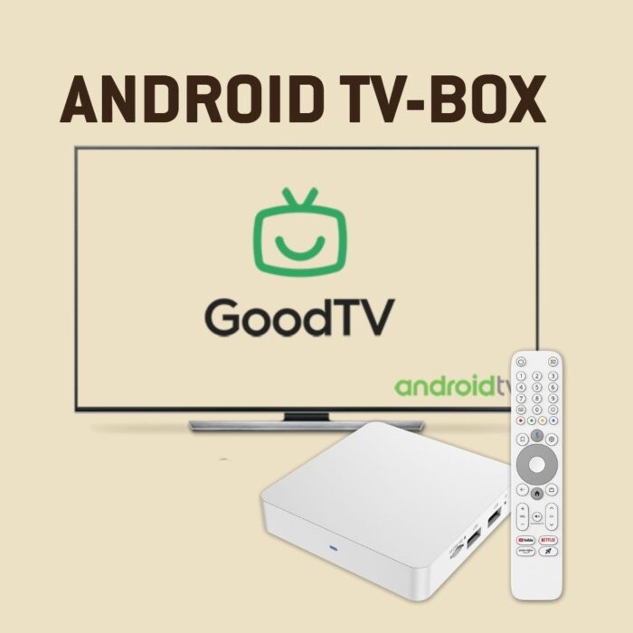 ATV10 AndroidTV-Box mit Fernbedienung – kompakte weisse Streaming-Box von dorfnetz.li